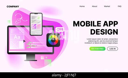 Conception d'applications mobiles. Modèle horizontal de page de site Web. Illustration vectorielle Illustration de Vecteur