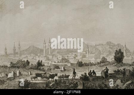 Turquie. Angora (actuellement Ankara). Vue panoramique sur la ville. Gravure dessinée par Préaux. Gravé par Alès. Lemaitre direxit. 'Panorama universel. Historia de Armenia', 1838. Banque D'Images