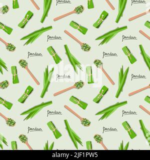 Motif de feuilles de pandan plat sans couture Vector, épices de pandan déchiquetées dans une cuillère en bois et feuilles enveloppées sur fond vert Illustration de Vecteur