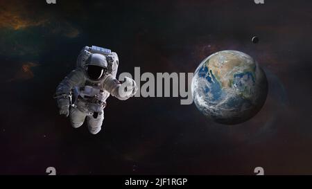 Astronaute dans l'espace profond avec la planète Terre. Éléments de cette image fournis par la NASA. Banque D'Images