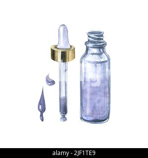 Un pot en verre avec une pipette pour huiles, sérums, cosmétiques. Objets isolés d'un grand ensemble de SPA LAVANDE. Illustration aquarelle. Pour la décoration, de Banque D'Images