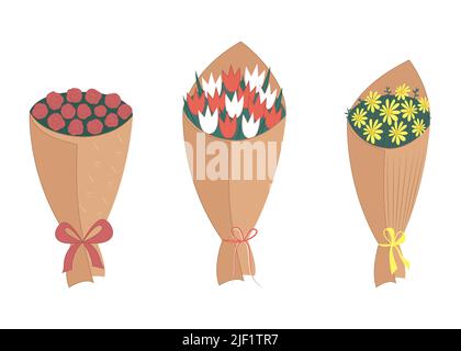 Bouquet de fête des mères. Trois bouquets de fleurs différentes en papier cadeau. De belles roses, tulipes, chrysanthèmes en cadeau. Concept floral. Vecteur Illustration de Vecteur