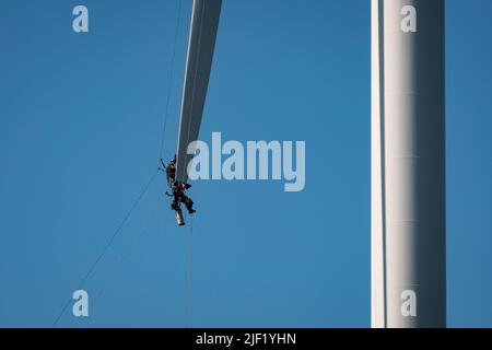 Deux hommes dans les harnais de sécurité travaillent sur une lame de moulin à vent à plumes tout en étant suspendus par le dessus. Banque D'Images