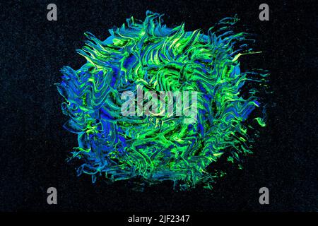 Fractale 3D drapée à la main sous forme de sphère néon illuminée dans l'espace sombre, arrière-plan artistique abstrait Banque D'Images