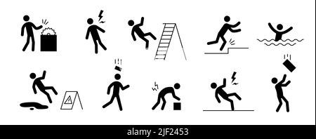 Pictogramme d'accident icône homme. Sécurité au travail, attention aux blessures, jeu de pictogrammes de danger. Avertissement, icône danger Stick illustration du vecteur homme. Illustration de Vecteur