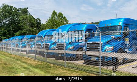 Une ligne de cabines de remorque bleues derrière une clôture à maillons de chaîne à Reno, Pennsylvanie, États-Unis Banque D'Images