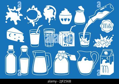 Jeu de symboles de nourriture pour lait. Fromage et yaourt de la ferme, boisson en verre, verseuse, bouteille ou carton design de la ligne de conditionnement. Les éclaboussures de lait blanc goutte à goutte. Élément graphique des produits laitiers naturels Illustration de Vecteur