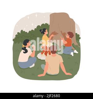 Illustration vectorielle de dessin animé isolée de marionnettes ombrées. Théâtre de l'ombre près du feu de camp, enfants montrant des animaux avec les mains, activité en plein air, famille assis autour du feu à la bande dessinée vecteur de nuit. Illustration de Vecteur