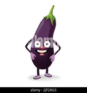 Caractère brinjal avec drôle de dessin animé souriant. Caractère brinjal semi-réaliste. Illustration de vecteur de légume heureux. Vecteur de dessin en forme de brin de brinjal pour Illustration de Vecteur