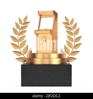 Lauréat du prix Cube Or Laurel Wreath Podium, Stage ou piédestal avec Golden Gaming Arcade machine sur un fond blanc. 3D rendu Banque D'Images