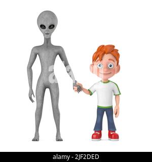 Concept de premier contact. Gris effrayant humanoïde Alien amitié avec le dessin animé petit garçon Teen personne personnage Mascot sur un fond blanc. 3D rendu Banque D'Images