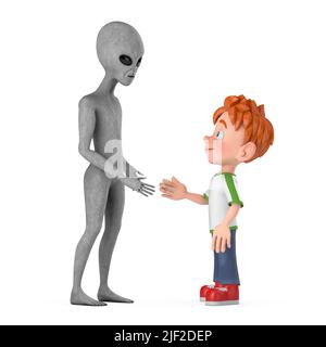 Concept de premier contact. Gris effrayant humanoïde Alien amitié avec le dessin animé petit garçon Teen personne personnage Mascot sur un fond blanc. 3D rendu Banque D'Images