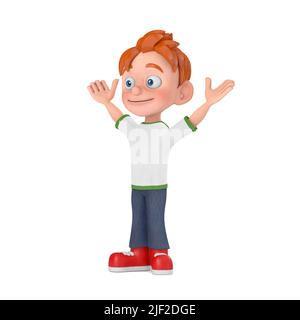 Caricature petit garçon Teen personnage Mascot avec les mains vers le haut sur un fond blanc. 3D rendu Banque D'Images