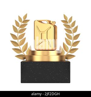 Lauréat du prix Cube Or Laurel Wreath Podium, scène ou piédestal avec Golden Jerrycan sur fond blanc. 3D rendu Banque D'Images