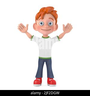 Caricature petit garçon Teen personnage Mascot avec les mains vers le haut sur un fond blanc. 3D rendu Banque D'Images