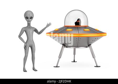 Gris effrayant humanoïde Alien près de Cute Spaceship Cartoon OVNI sur un fond blanc. 3D rendu Banque D'Images