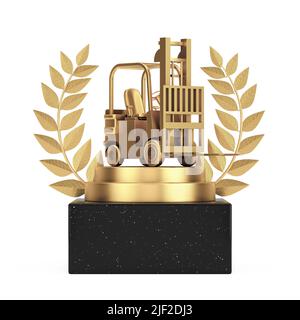 Lauréat Cube Gold Laurel Wreath Podium, Stage ou piédestal avec chariot élévateur Golden sur fond blanc. 3D rendu Banque D'Images