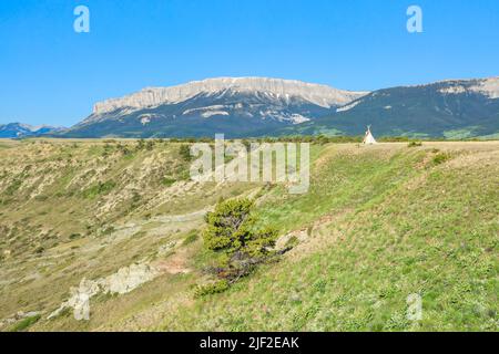 tipi au-dessous du récif du château sur le mountaiin rocheux en face près de choteau, montana Banque D'Images
