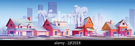 Maisons de banlieue avec neige et gratte-ciel de la ville à l'horizon. Illustration vectorielle du paysage enneigé d'hiver de la rue du quartier de la banlieue avec des chalets, garages, route, arbres et buissons Illustration de Vecteur