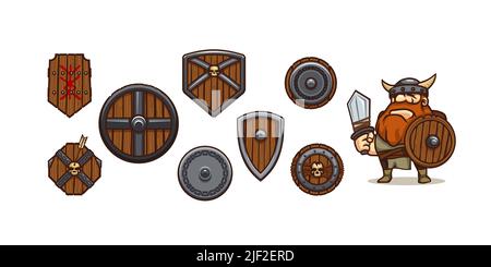 Personnage de jeu viking et différents boucliers. Guerrier médiéval norvégien avec casque et épée. Illustration de dessin animé vectoriel d'homme barbares avec armure et jeu de boucliers en bois et en métal Illustration de Vecteur