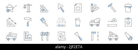 Icônes de construction et de construction. Brouette avec sable, grue, mur de briques, truelle, palette et plan. Marteau, seau à peinture, mélangeur de béton, rouleau, compteur, signes de vectorisation de la scie et du pinceau Illustration de Vecteur