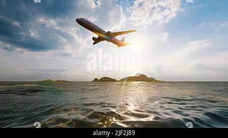 Avion volant au-dessus de la mer avec la lumière du soleil brille dans le ciel bleu fond. Voyage et transport Wanderlust concept. 3D illustrationratio Banque D'Images