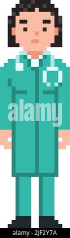 Médecin isolé sur fond blanc. Illustration de style de jeu de pixels médecin femme. Design d'art de pixel vectoriel Medic. Icône de personnage de personnage de 8 bits drôle Illustration de Vecteur