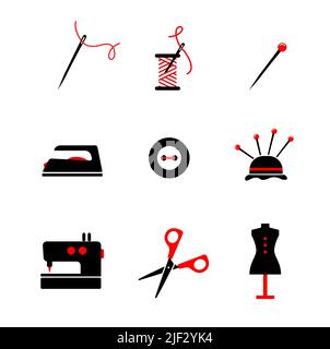 Icônes définies pour tailleur. Aiguille avec fil de bobine, fer, ciseaux,. Couture vectorielle Illustration de Vecteur