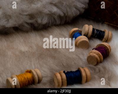 ensemble de couture avec bobines de laine sur un manteau de fourrure Banque D'Images