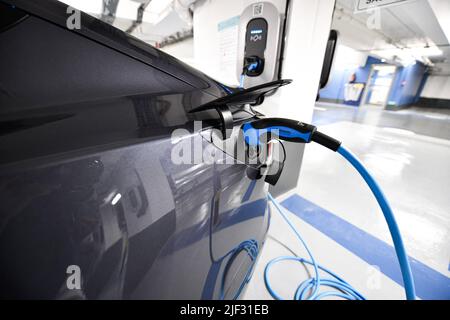 Parking sous l'église de la Madeleine, avec des voitures Tesla branchées pour être rechargées à Paris, France, sur 24 avril 2022. Un demi-millier de postes de charge pour voitures électriques sont maintenant opérationnels dans le parking Madeleine-Tronchet. Photo de Victor Joly/ABACAPRESS.COM Banque D'Images