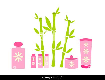 Cosmétiques spa en emballage rose et plante de bambou chanceux Illustration de Vecteur