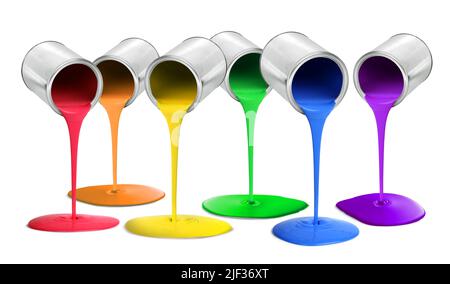 Boîtes métalliques en étain dans l'air verser spectre arc-en-ciel couleurs peintures pourpre, bleu, vert, jaune, orange, rouge, concept de diversité Banque D'Images