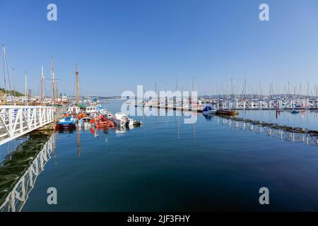 Europe, Royaume-Uni, Angleterre, Devon, Torbay, Brixham Marina avec des gangways vers les chemins flottants Banque D'Images