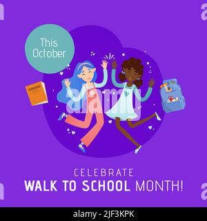 Illustration des filles avec sac à dos et livre et ce mois d'octobre célébrez la marche à l'école texte Banque D'Images
