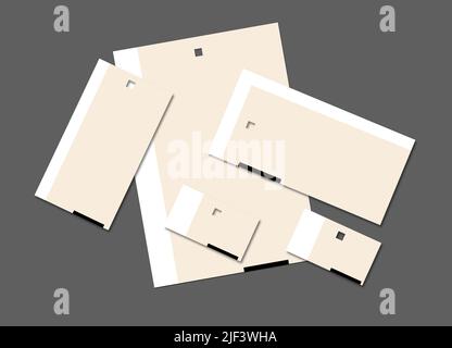 Lot de maquettes d'enveloppe, de lettre et de carte de visite. Vue de dessus Banque D'Images