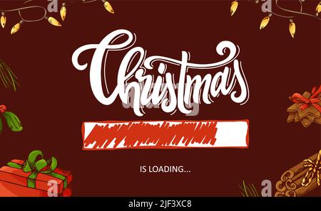 Bar de Noël avec des éléments de sketh. Bordure de progression de lettrage dessinée à la main. Concept de signe vectoriel Illustration de Vecteur