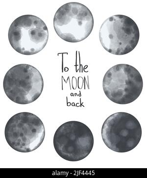 Collection de phases de lune peintes en aquarelle avec texte calligraphique. Banque D'Images