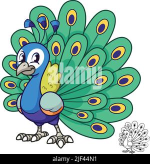 Joli paon debout avec dessin d'art noir et blanc, oiseaux d'animaux, illustration de personnages vectoriels, logo de mascotte de dessin de dessin animé Illustration de Vecteur