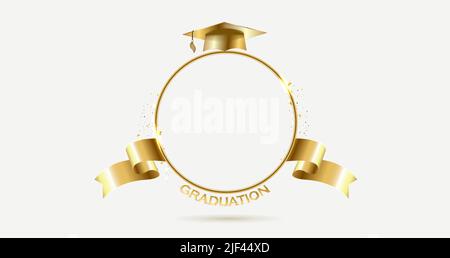 Cadre rond doré avec un chapeau de troisième cycle. Cérémonie de remise des diplômes Vector chapeau étudiant chapeau éducation blanc Illustration de Vecteur
