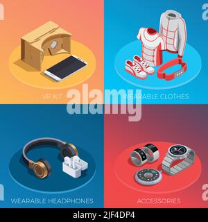 Concept de technologie wearable 4 compositions isométriques avec suivi intelligent des activités vêtements accessoires vr kit illustration vectorielle isolée Illustration de Vecteur