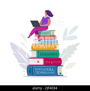 Étude en ligne, apprentissage, concept de bibliothèque. Fille assise sur une pile de livres avec un ordinateur portable. Illustration vectorielle de style plat Illustration de Vecteur