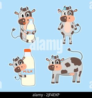 Un ensemble d'autocollants avec une jolie vache. Illustration vectorielle plate de dessin animé. Jour du lait. Design ou autocollant Illustration de Vecteur