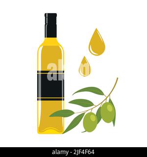 bouteille de verre d'huile d'olive avec arbuste d'olive isolé sur blanc Illustration de Vecteur