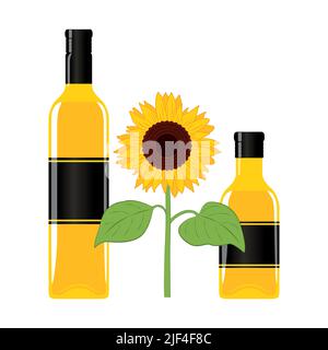 grande et petite bouteille en verre avec huile de tournesol isolée sur blanc Illustration de Vecteur