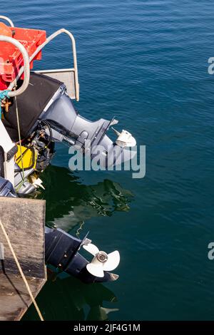 Moteur extérieur et 2 hélices à 3 pales blanches et surélevées, avec réflexions dans l'eau Banque D'Images