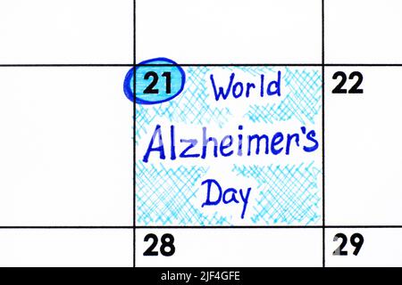 Un rappel Journée mondiale de la maladie d'Alzheimer dans le calendrier. 21 septembre Banque D'Images