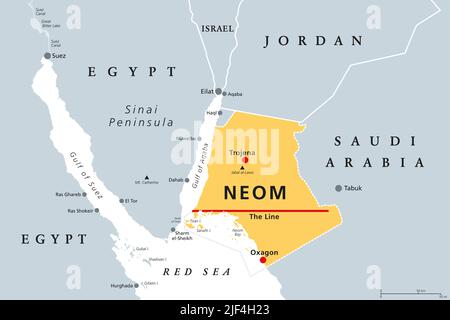 Neom, carte politique grise. La mégalopole saoudienne est en cours de construction dans la province de Tabuk, dans le nord-ouest de l'Arabie saoudite, au nord de la mer Rouge et dans le golfe d'Aqaba. Banque D'Images