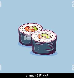 Rouleau de sushi Futomaki contenant de la viande de saumon, du riz au poivre de sueur, du caviar, de l'avocat et du concombre sur fond blanc. Cuisine japonaise, cuisine traditionnelle Illustration de Vecteur