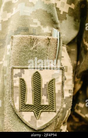 Badge à manches des forces terrestres de l'Ukraine. Chevrons sur l'uniforme de pixel militaire ukrainien, trident d'Ukraine. Banque D'Images