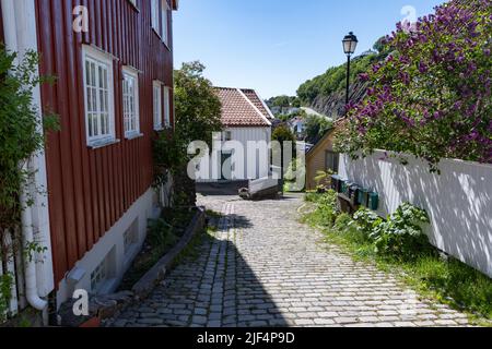 Maisons colorées sur une colline dans la vieille ville d'Arendal. Banque D'Images